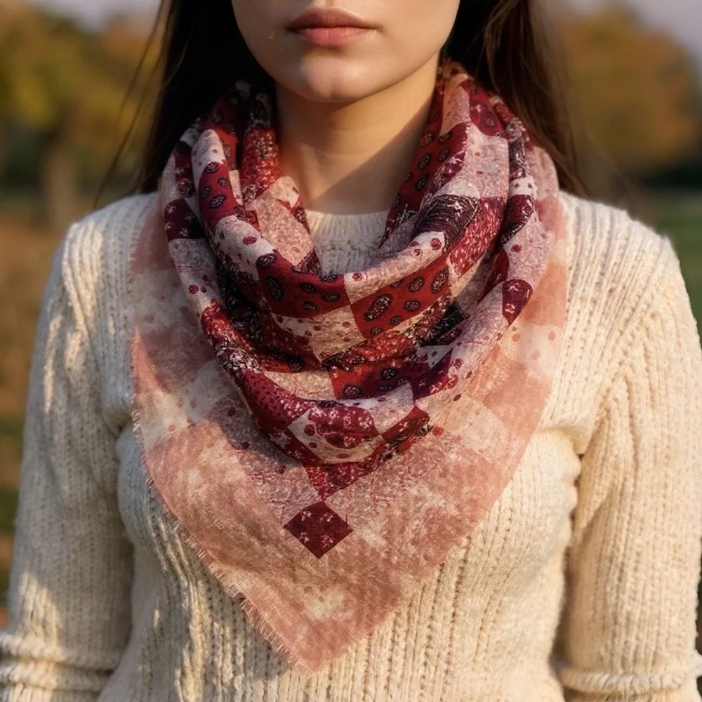 Oversized 100% Wool | Western Paisley Patchwork Floral Fringe Square Scarf Wrap